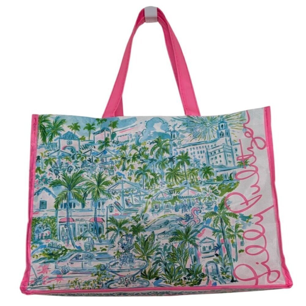 Lilly Pulitzer Reusable Shopping Bag Pink Vinyl Top Handle Tote Lightweight